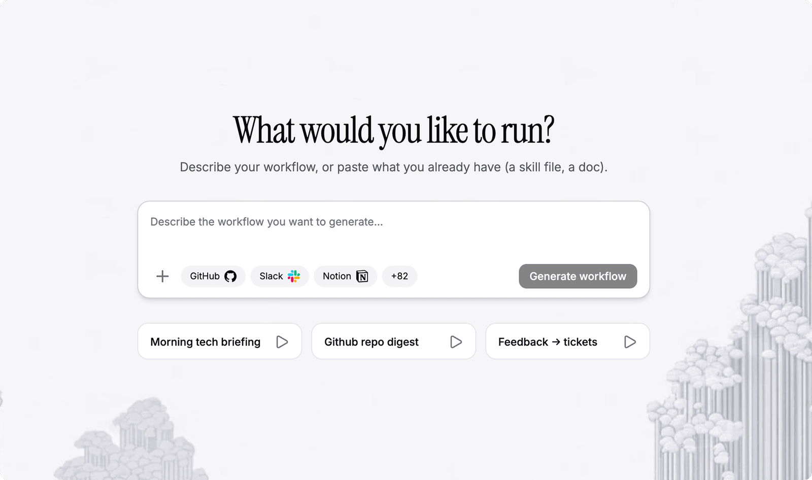 The Mermaid Flow start screen, asking what you would like to run, with a prompt box, GitHub, Slack and Notion connectors, and example workflows below