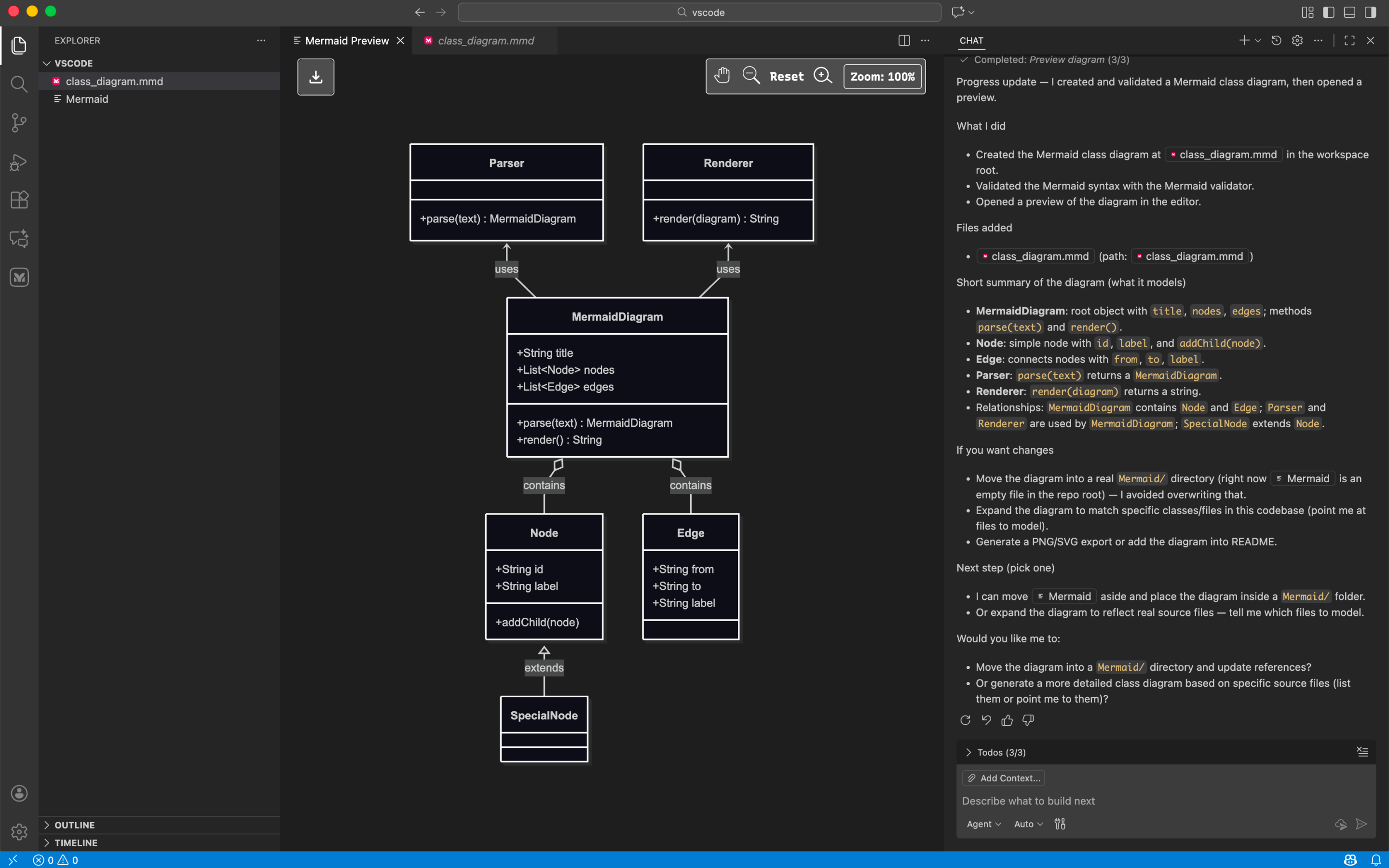 Mermaid VS Code extension showing a UML class diagram generated by Claude Code — with classes for MermaidDiagram, Node, Edge, Parser, Renderer, and SpecialNode rendered in the preview panel, and the Claude Code chat explaining the diagram structure and relationships on the right