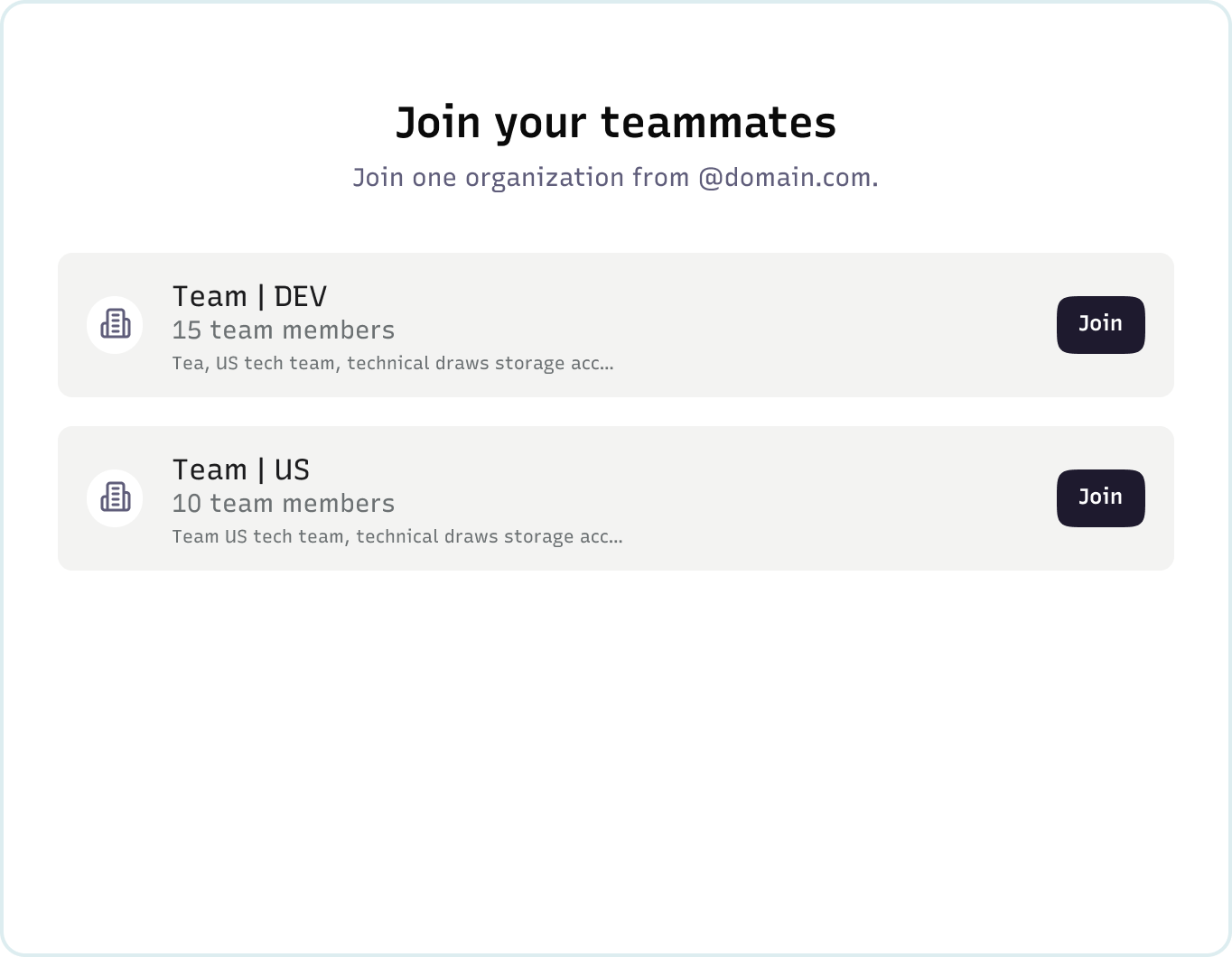 Mermaid team workspace selection screen — showing a user joining an organization with two available teams, demonstrating how teams share a single Mermaid workspace