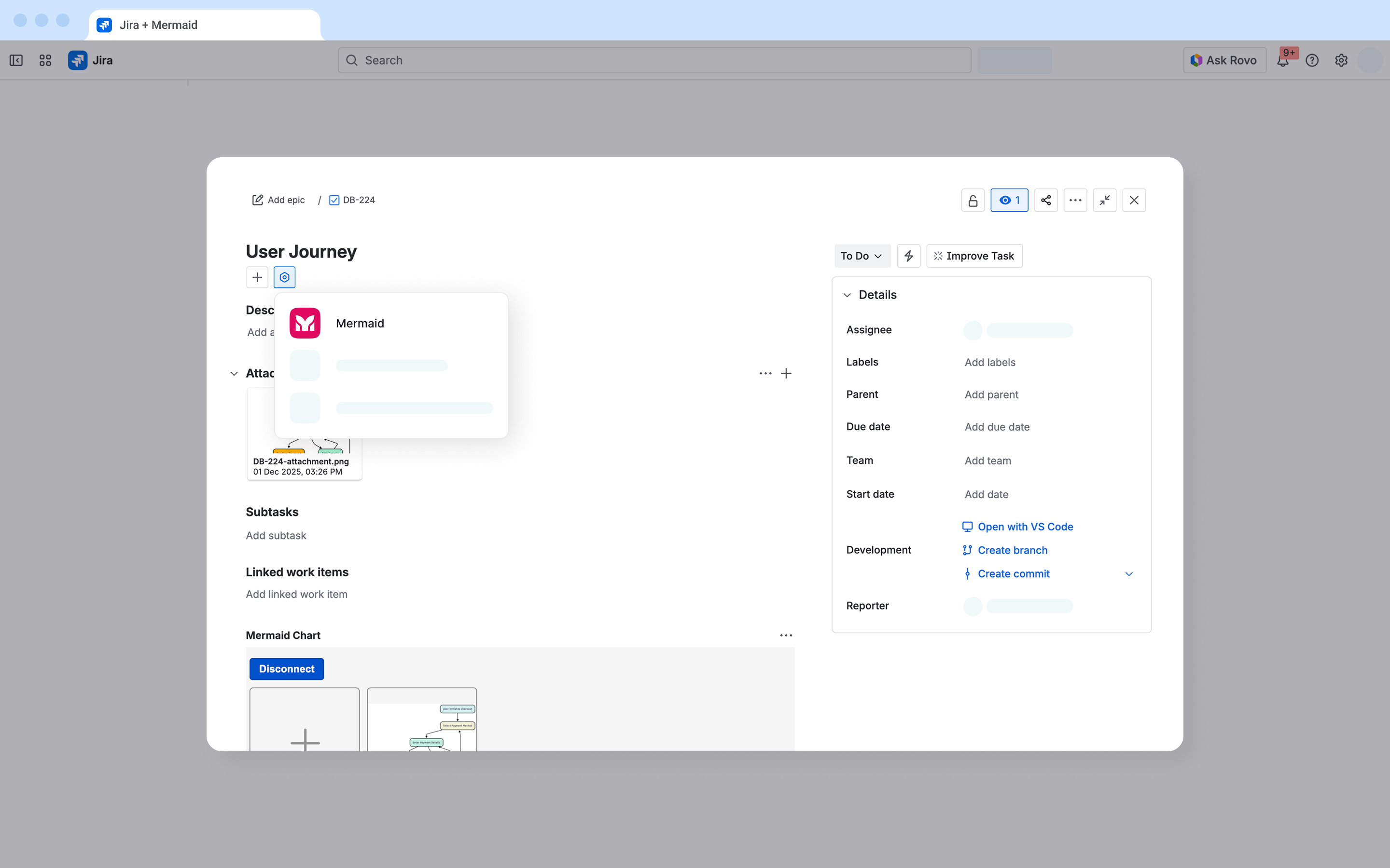 Mermaid embedded in a Jira issue — showing a User Journey diagram attached to a ticket, with the Mermaid plugin rendering the diagram directly inside the Jira task panel