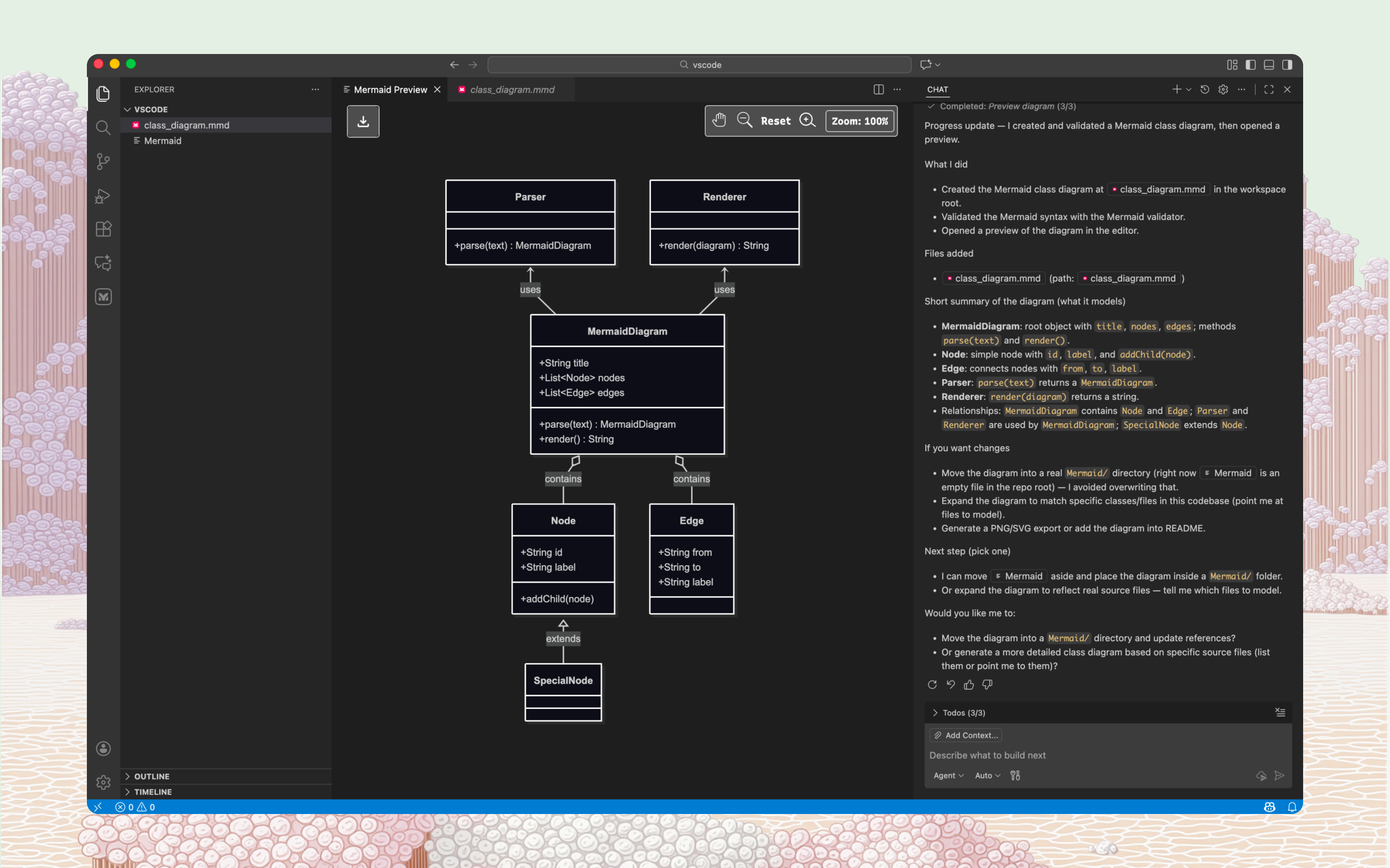 Mermaid VS Code extension showing a UML class diagram generated by Claude Code — with classes for MermaidDiagram, Node, Edge, Parser, Renderer, and SpecialNode rendered in the preview panel, and the Claude Code chat explaining the diagram structure and relationships on the right